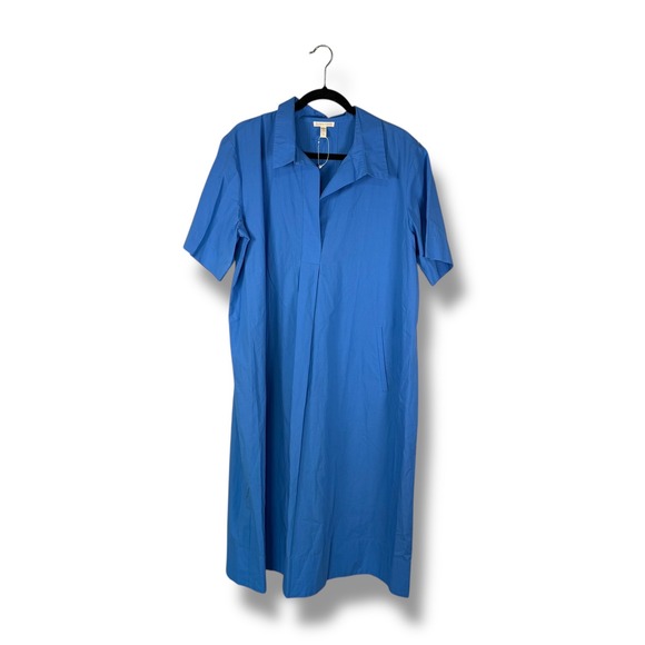Eileen Fisher Blue Organic Cotton Collared Midi Shirt Dress L/G - Picture 2 of 9